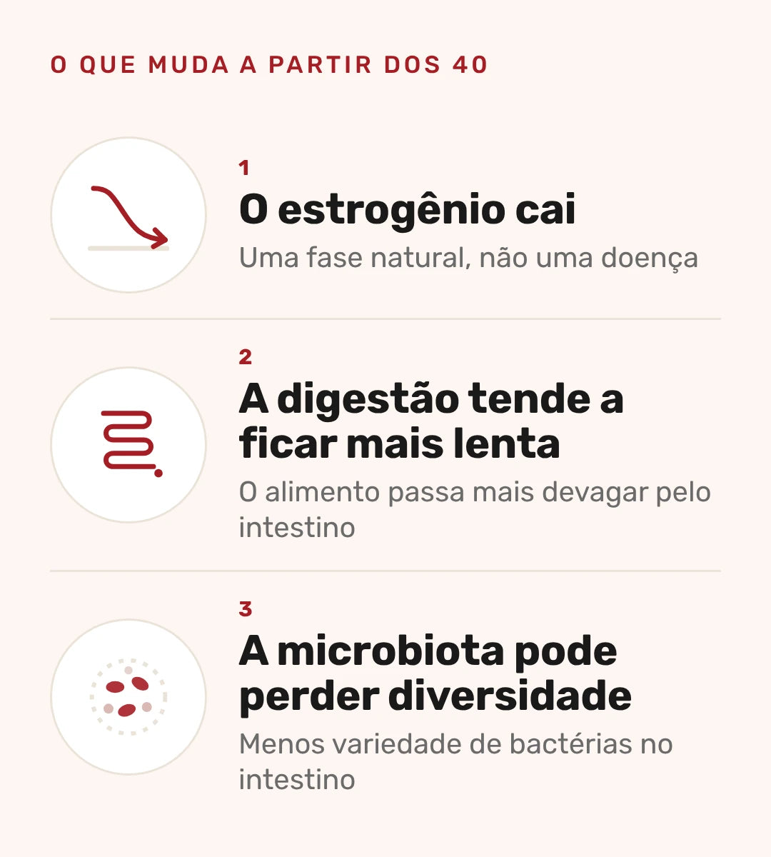 Ilustração: o estrogênio cai, a digestão tende a ficar mais lenta e a microbiota pode perder diversidade
