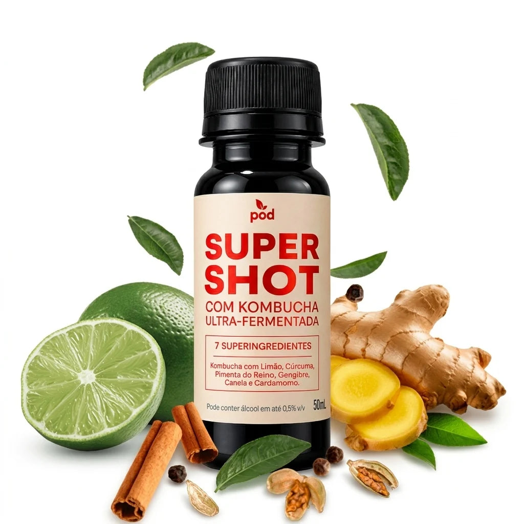 Os 7 ingredientes do Super Shot dispostos ao redor do frasco