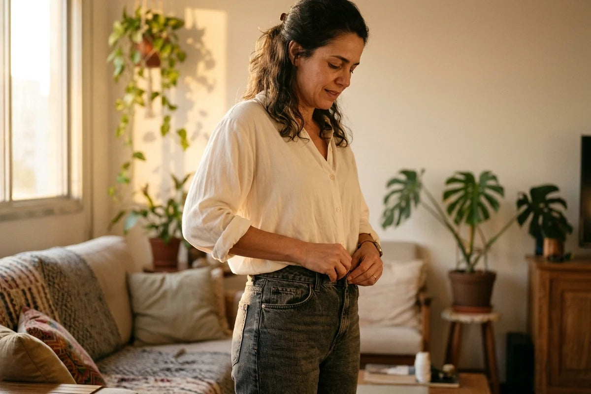 Mulher ajustando o cós da calça no fim do dia, em casa