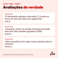 Três avaliações cinco estrelas de clientes publicadas na loja da Pod