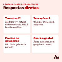 Respostas diretas: álcool até 0,5% v/v natural da fermentação, 0,5 g de açúcares por shot, não precisa de geladeira, gosto ácido e picante