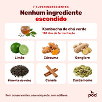 Os 7 superingredientes: kombucha de chá verde fermentada por 120 dias, limão, cúrcuma, gengibre, pimenta-do-reino, canela e cardamomo