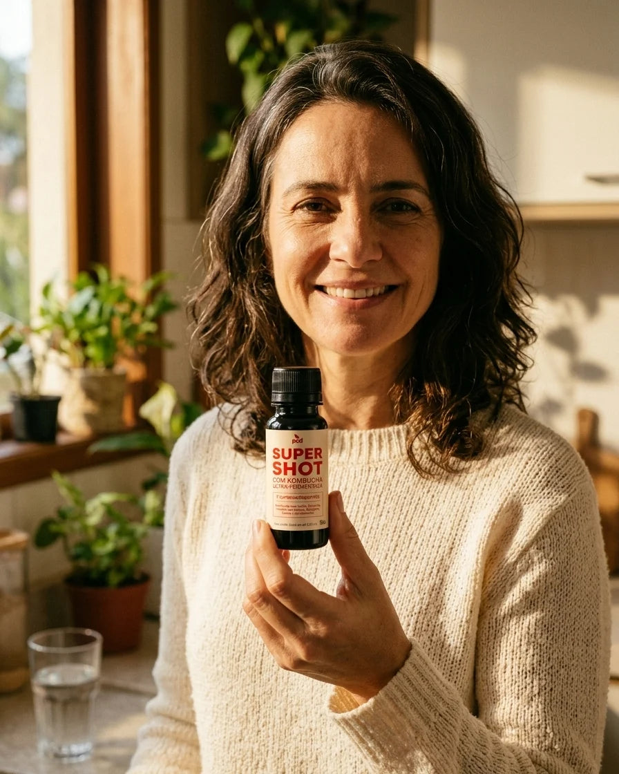 Mulher sorrindo pela manhã, com um Super Shot Pod na mão