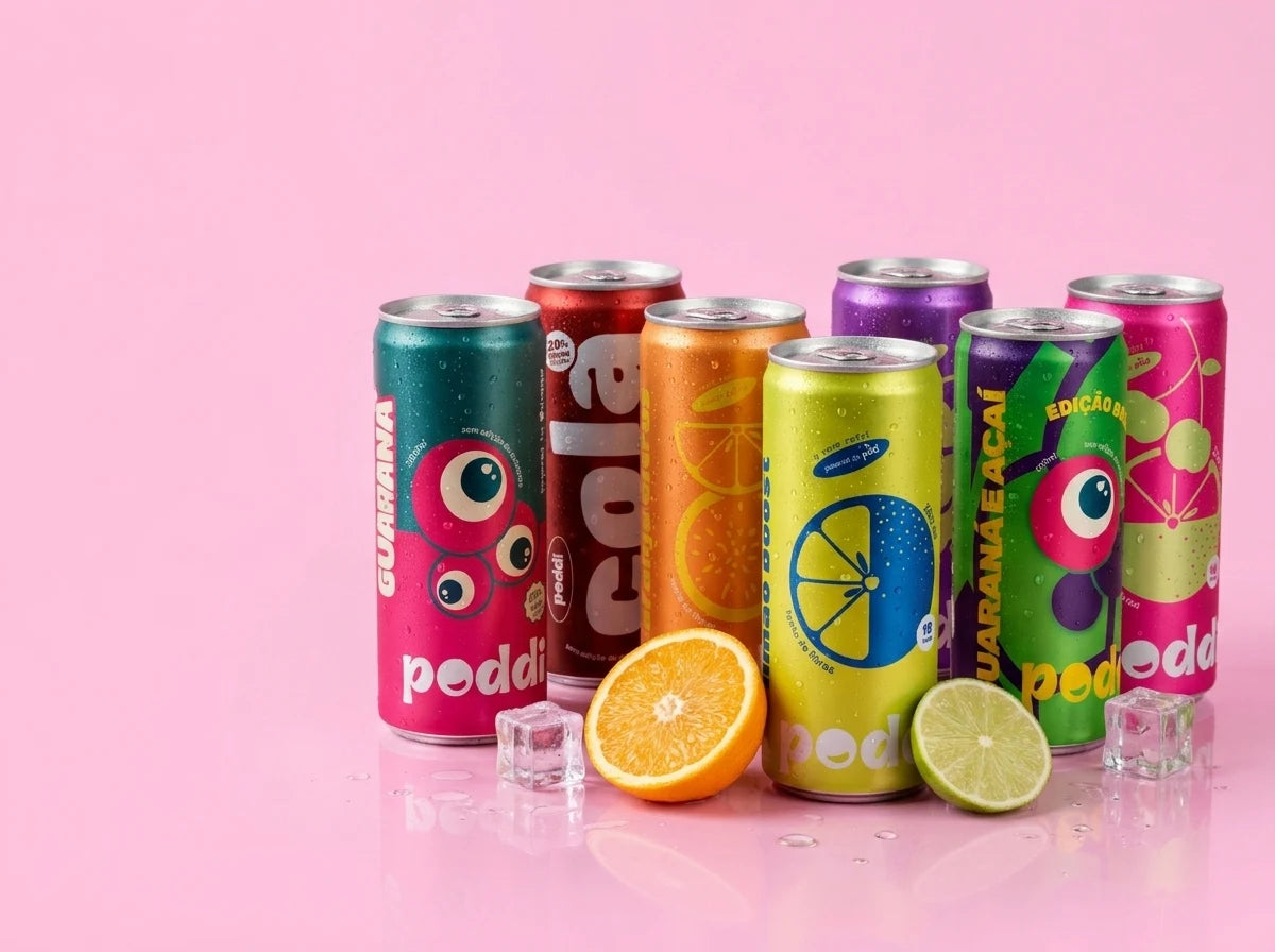 Sete latas de Poddi, o primeiro refrigerante prebiótico do Brasil, com laranja e limão